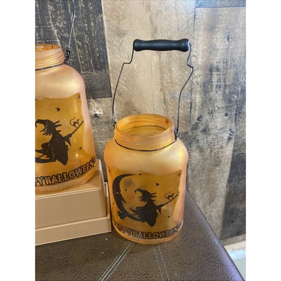 Halloween Decor Orange Black Jar Tealight Candle holder Witch Moon Cat Set Of 3 - Picture 4 of 11